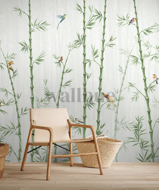 Asian Bamboo Forest with Birds Wallpaper Mural