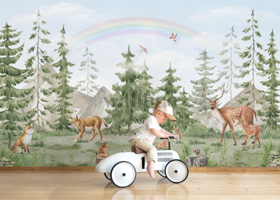 Whimsical Forest Wildlife with Rainbow Kids Wallpaper Mural