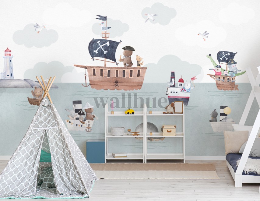 Adventurous Nautical Animals Kids Wallpaper Mural