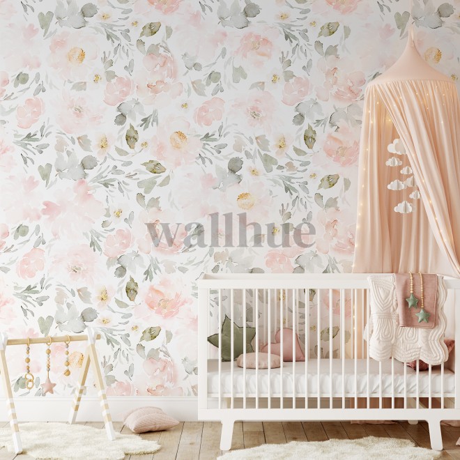 Watercolor Pink Floral Pattern Wallpaper Mural