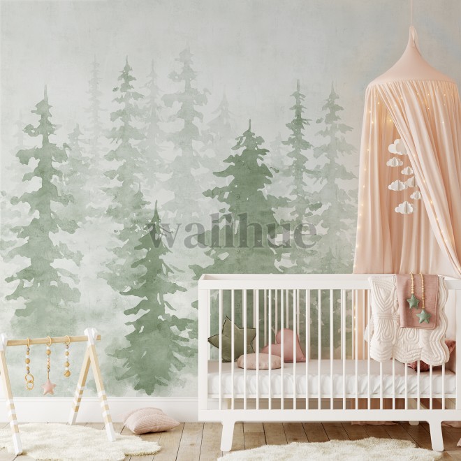 Misty Forest Silhouette Watercolor Wallpaper Mural