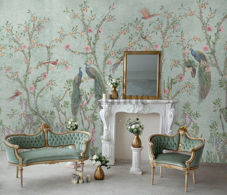 Floral Elegance Peacock Rose Garden Wallpaper Mural