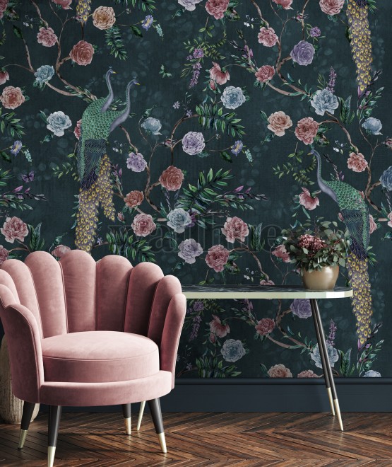 Midnight Floral Peacock Elegance Wallpaper Mural