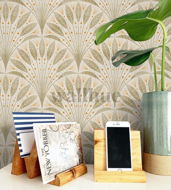 Elegant Fan Leaf Pattern Beige Wallpaper Mural