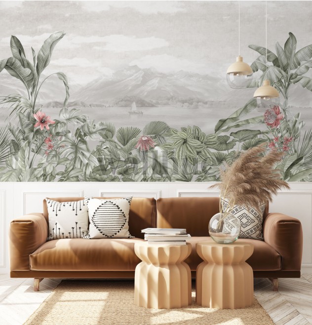 Serene Botanical Mountain Landscape Wallpaper Mural