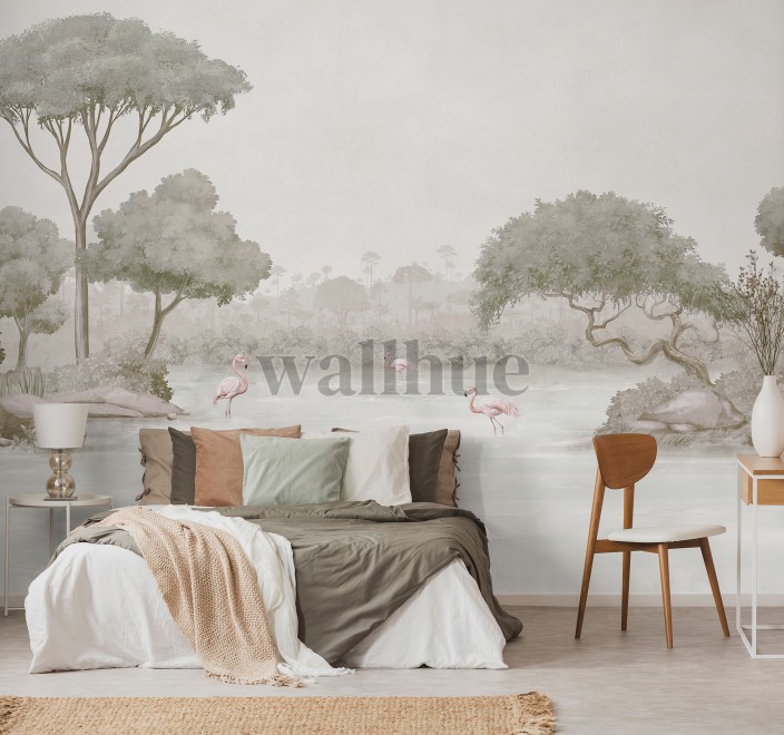 Elegant Waterfront Flamingo Landscape Wallpaper Mural