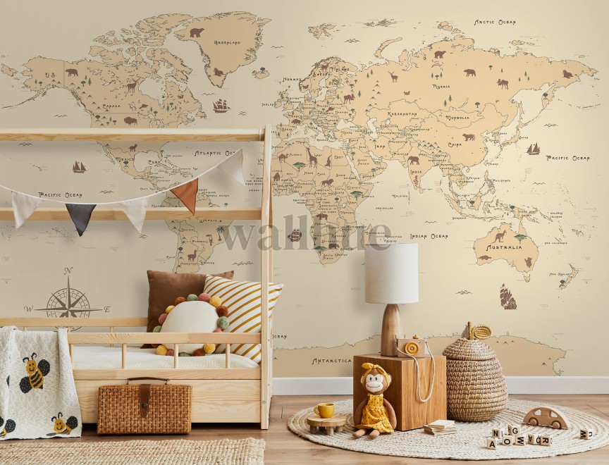 Safari Adventure World Map Kids Wallpaper Mural