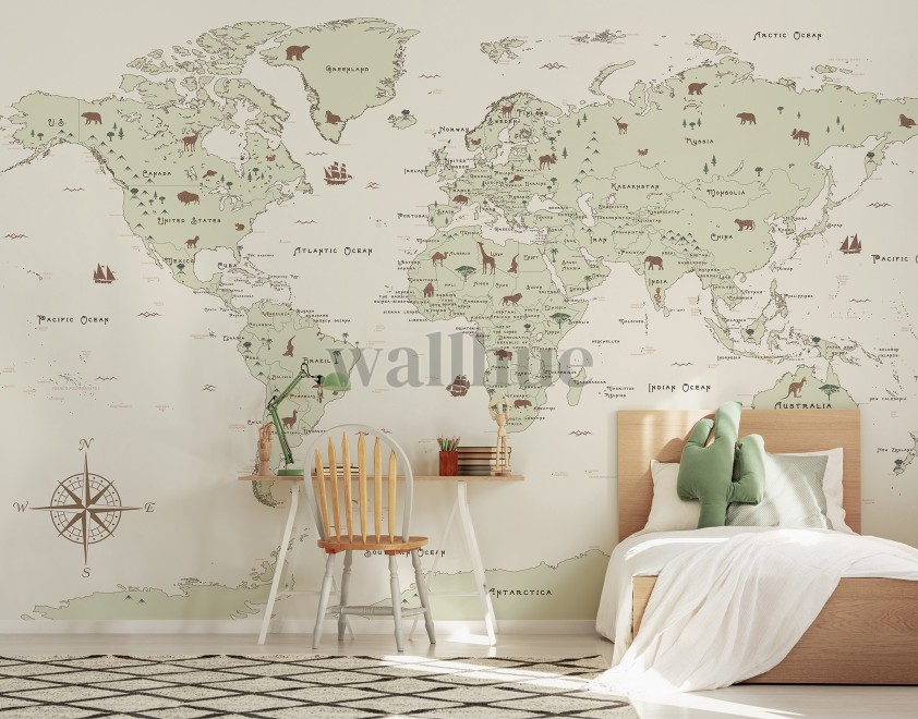 Safari Adventure World Map Kids Wallpaper Mural