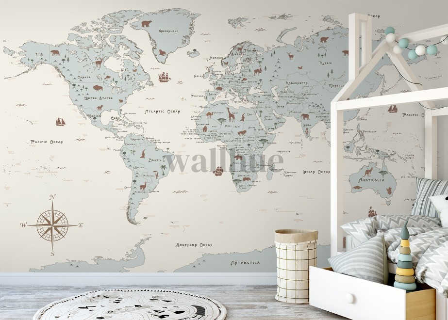 Safari Adventure World Map Kids Wallpaper Mural