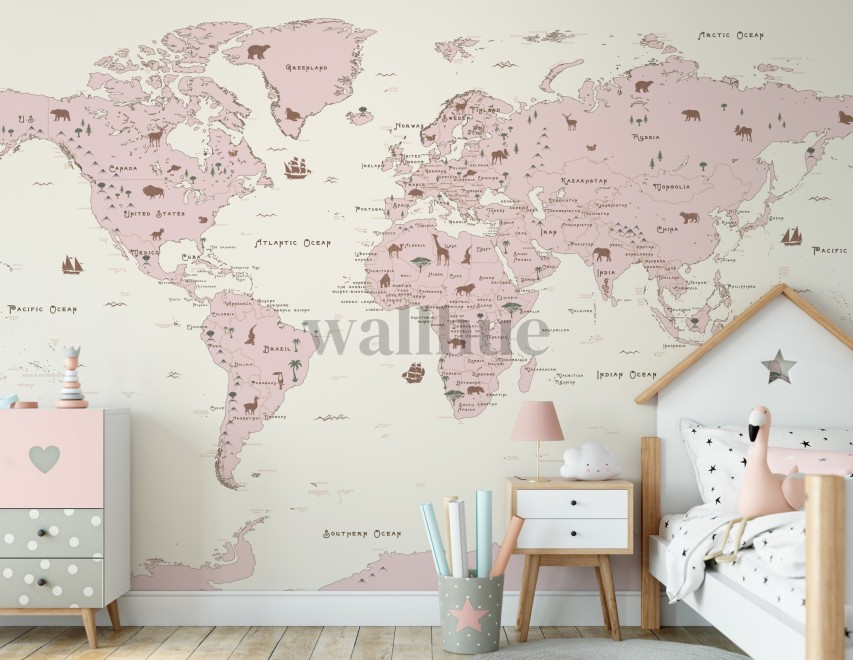 Safari Adventure World Map Kids Wallpaper Mural