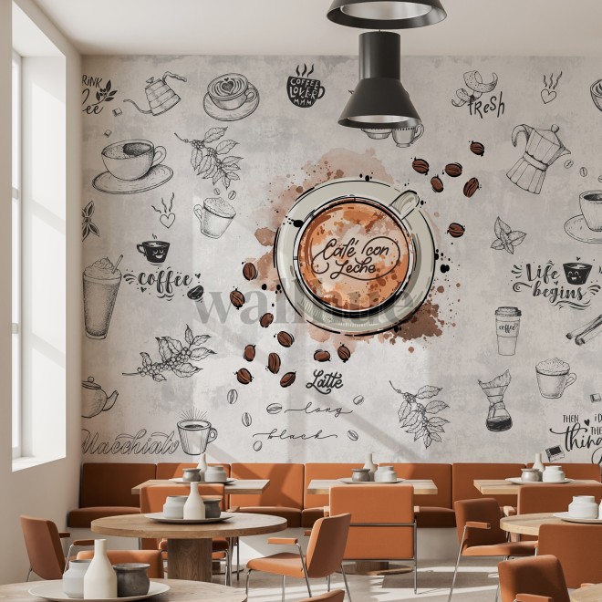 Watercolor Capuccino Art Coffee Shop Wallpaper Mural