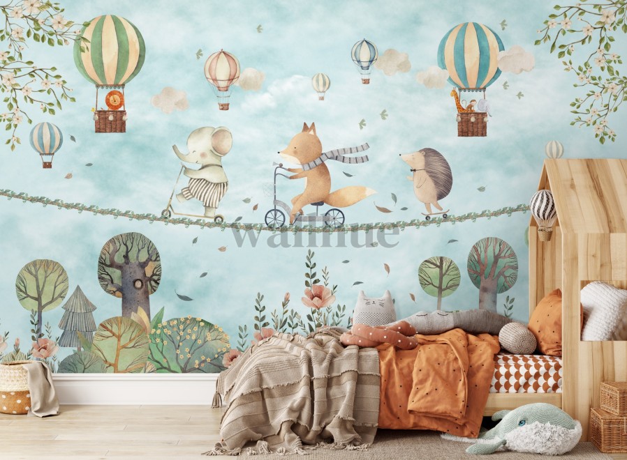 Whimsical Woodland Animals and Balloons Wall Mural