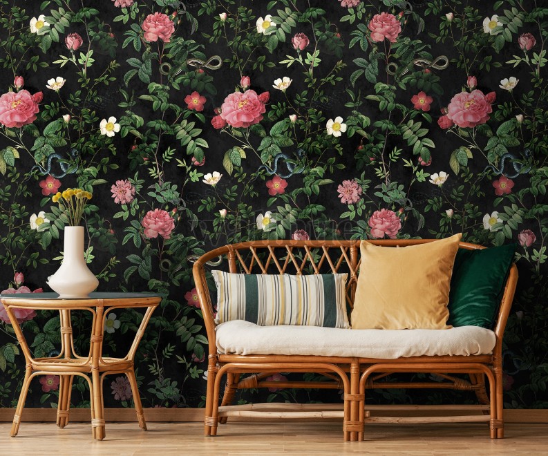 Vintage Botanical Floral Garden Dark Wallpaper Mural