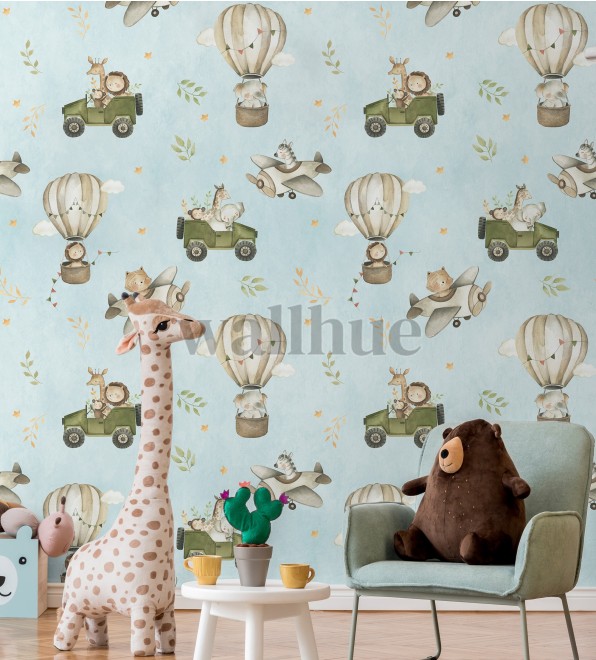 Kids Cute Cartoon Animals in Planes Pattern Wallpaper Mural