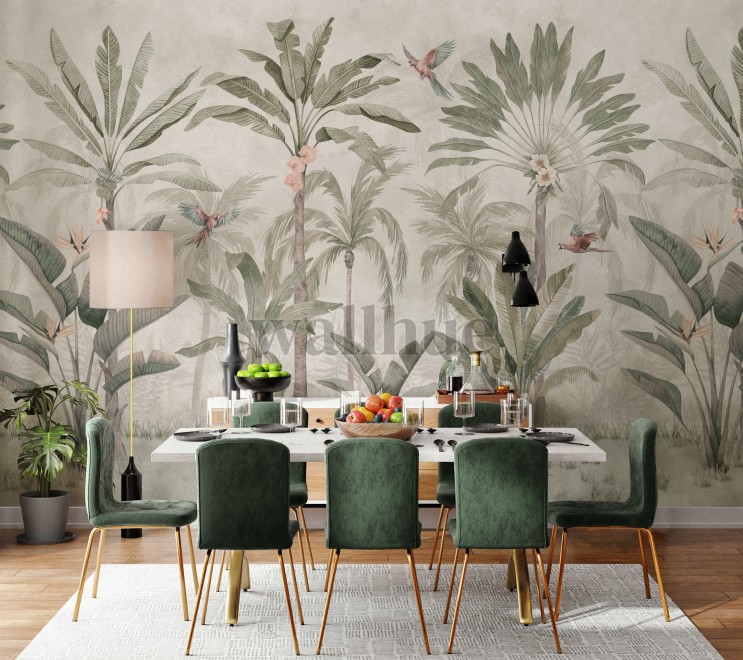 Tropical Palm Trees and Parrots Wallpaper Mural