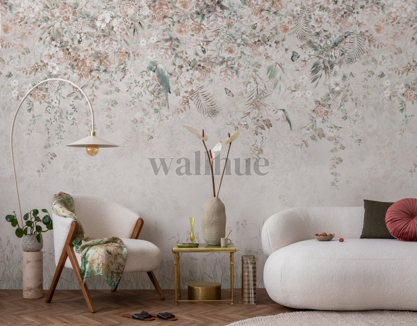 Whimsical Ivy Floral and  Birds Wallpaper Mural