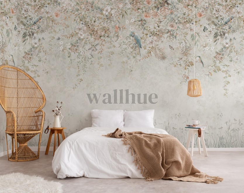 Whimsical Ivy Floral and  Birds Wallpaper Mural