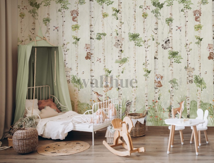 Cute Animals and Birch Tree Kids Wallpaper Cute Animals and Birch Tree Kids Wallpaper