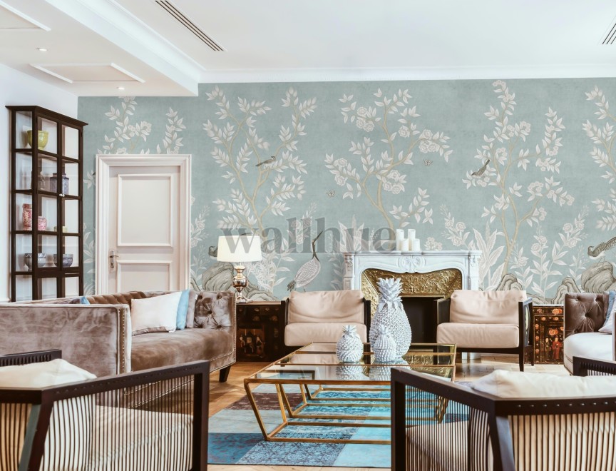 Elegant Chinoiserie Birds and Leaves Wallpaper Mural Elegant Chinoiserie Birds and Leaves Wallpaper Mural
