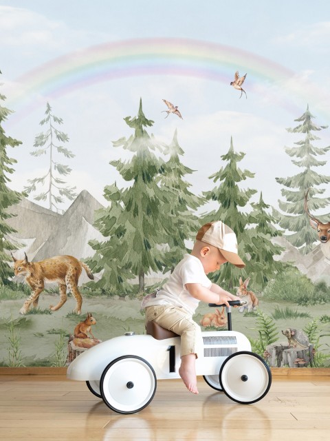 Whimsical Forest Wildlife with Rainbow Kids Wallpaper Mural