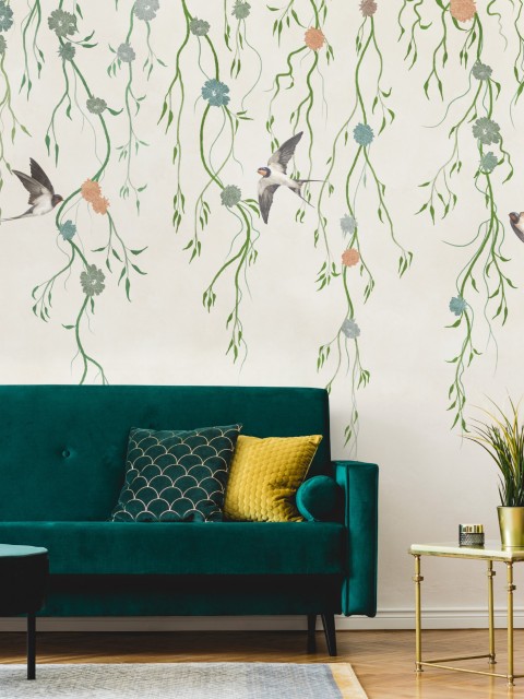 Floral Cascade and Birds Wallpaper Mural