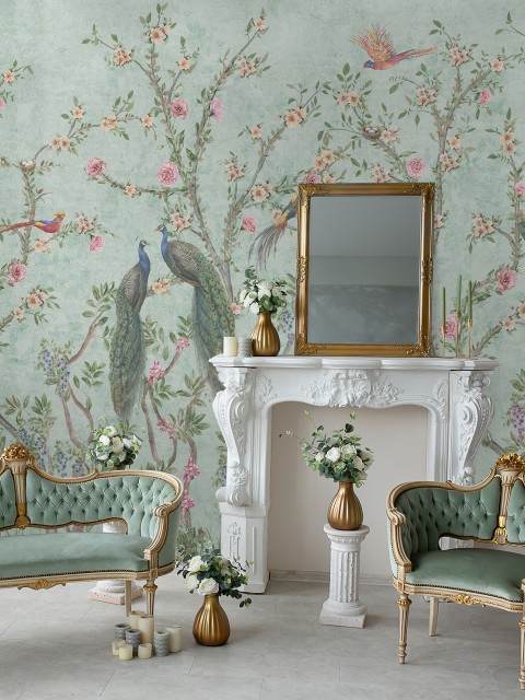 Floral Elegance Peacock Rose Garden Wallpaper Mural