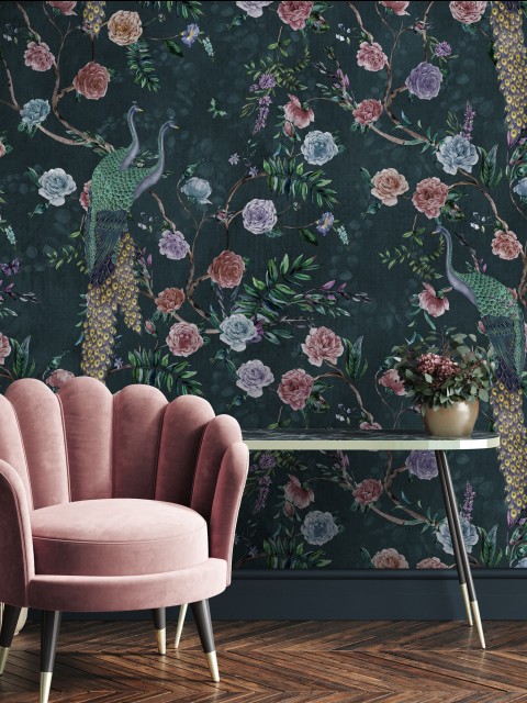 Midnight Floral Peacock Elegance Wallpaper Mural