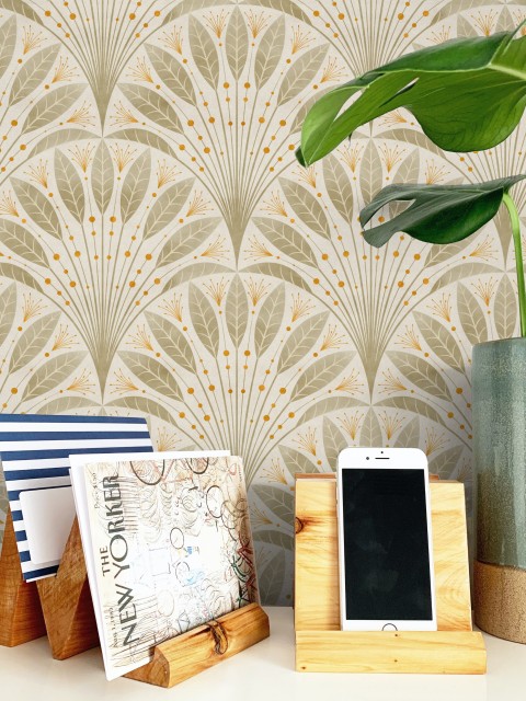 Elegant Fan Leaf Pattern Beige Wallpaper Mural