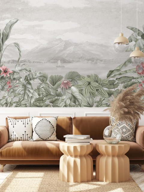 Serene Botanical Mountain Landscape Wallpaper Mural