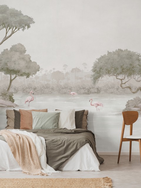 Elegant Waterfront Flamingo Landscape Wallpaper Mural