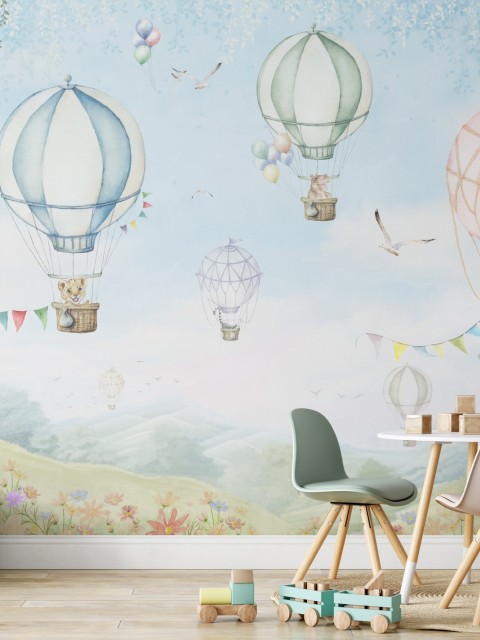 Cute Hot Air Balloon and Animals Wallpaper Mural