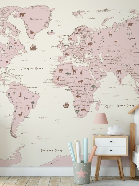 Safari Adventure World Map Kids Wallpaper Mural