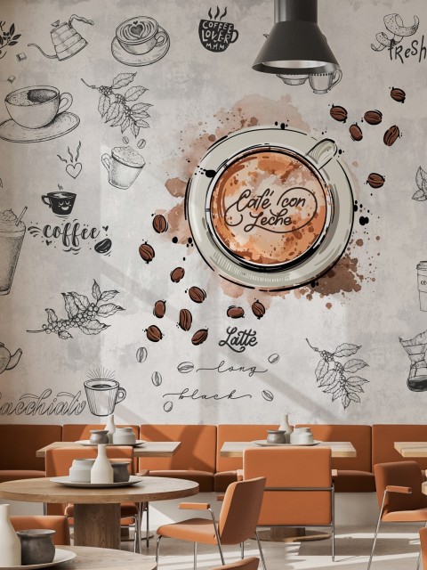 Watercolor Capuccino Art Coffee Shop Wallpaper Mural