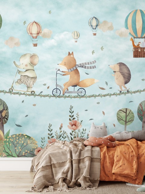 Whimsical Woodland Animals and Balloons Wall Mural