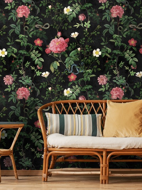 Vintage Botanical Floral Garden Dark Wallpaper Mural