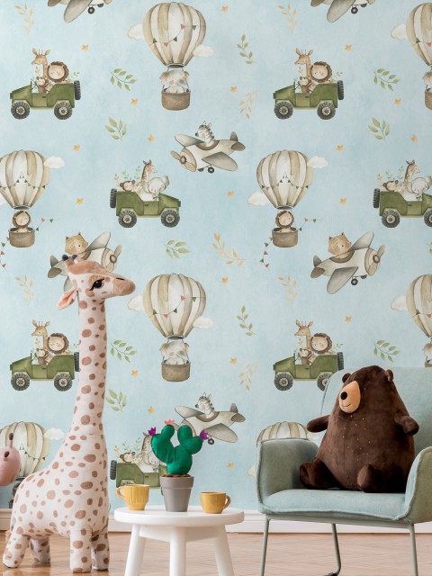 Kids Cute Cartoon Animals in Planes Pattern Wallpaper Mural