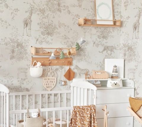 Kids Whimsical Safari Animal and Floral Wallpaper Mural