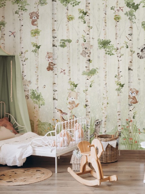 Cute Animals and Birch Tree Kids Wallpaper