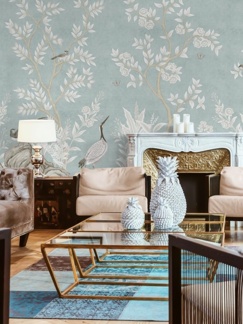 Elegant Chinoiserie Birds and Leaves Wallpaper Mural