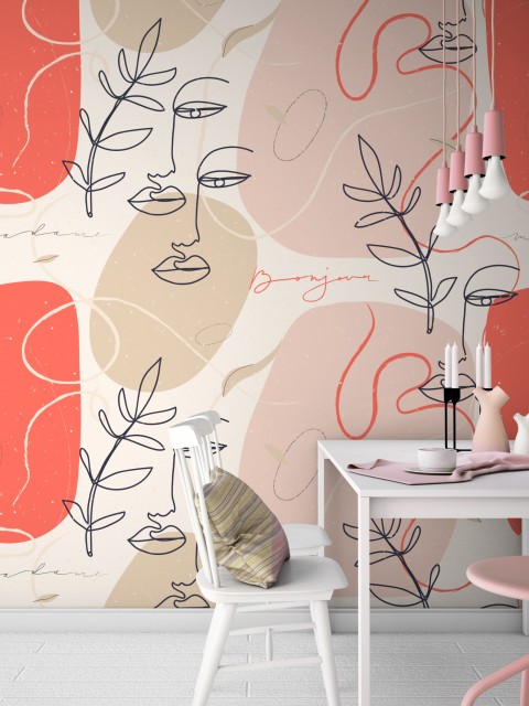 Modern Artistic Faces and Leaves Pattern Wallpaper Mural