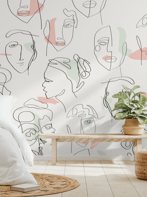 Abstract Faces Line Art Minimalist Wallpaper Mural