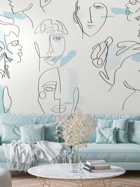 Abstract Faces Line Art Minimalist Wallpaper Mural