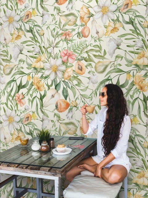 Delicate Springtime Flowers with Fruits Wallpaper Mural