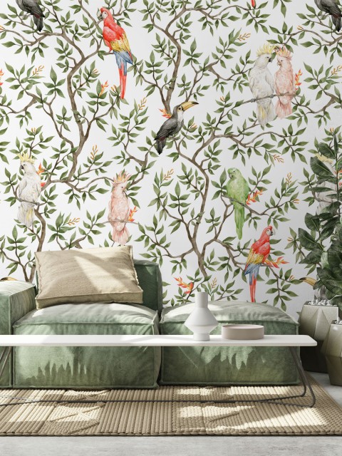 Colorful Parrots Paradise Botanical Wallpaper Mural