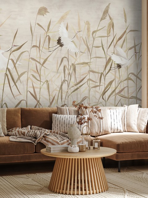 Graceful Cranes in Reeds Neutral Wallpaper Mural