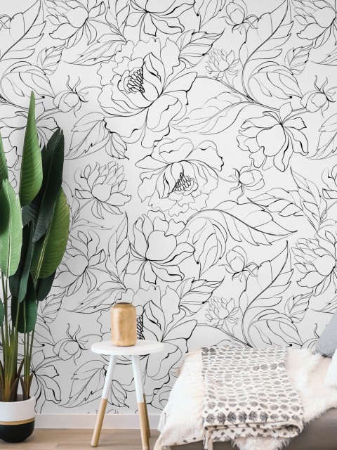 Modern Black White Floral Drawing Wallpaper Mural