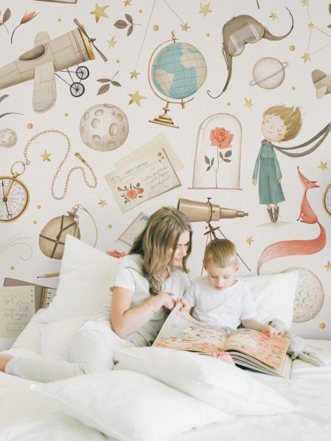 Dreamy Watercolor Nursery Airplane with Stars Wallpaper Mural