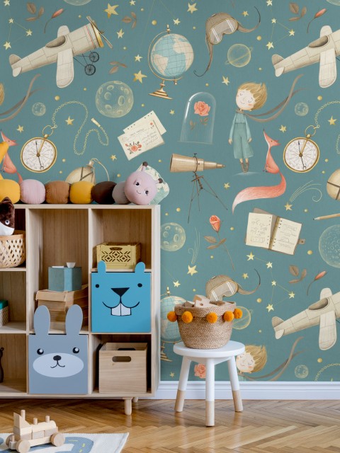 Dreamy Watercolor Nursery Airplane with Stars Wallpaper Mural