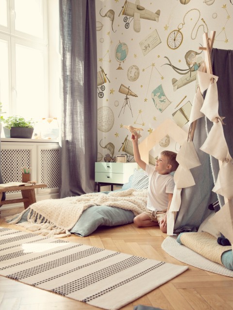 Whimsical Kids Watercolor Airplane with Stars Wallpaper Mural