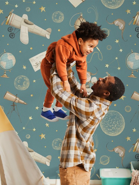 Whimsical Kids Watercolor Airplane with Stars Wallpaper Mural
